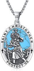 wholesale 925 Sterling Silver St Christopher Protect Us Malachite Stone Oval Pendant Necklace w/ 24 Rolo Chain-0-6