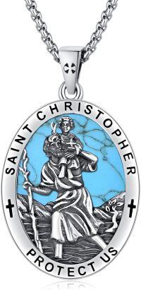 wholesale Sterling Silver Patron Saint Pendant Necklace with 2 5mm Rolo Chain-A00-Saint Christopher(Turquoise)