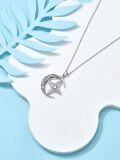 wholesale 925 Sterling Silver Crescent Moon & Star Pendant Necklace w/ Blue Stone Center-0-3