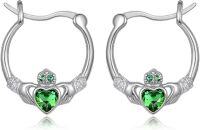 wholesale 925 Sterling Silver Heart-Shaped Green Stone Claddagh Hoops - Irish Celtic Jewelry for Women Gifts-Silver