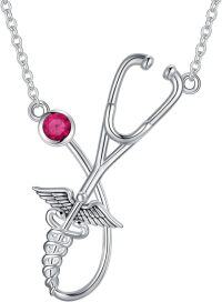wholesale 925 Sterling Silver Birthstone Stethoscope Necklace Nurse Graduation Gift-July