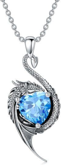 wholesale 925 Sterling Silver Birthstone Dragon Heart Pendant Necklace-March