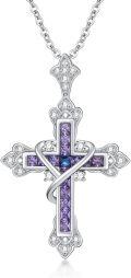 wholesale 925 Sterling Silver Purple and Blue Stone Vintage Cross Pendant Necklace for Mom or Wife-0-0