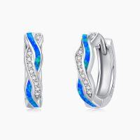 wholesale 925 Sterling Silver Blue Fire Opal & CZ Wave Design Hoop Earrings for Women-Blue