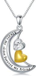 wholesale 925 Sterling Silver Crescent Moon & Heart Pendant Necklace with Yellow Gold Plated Charm and Cubic Zirconia - Always My Sister Forever my Friend  for Sisters-0-0