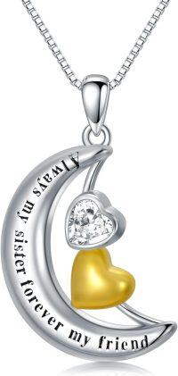 wholesale 925 Sterling Silver Crescent Moon & Heart Pendant Necklace with Yellow Gold Plated Charm and Cubic Zirconia - Always My Sister Forever my Friend  for Sisters-3-Sister Necklace Moon Pendant