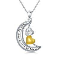 wholesale 925 Sterling Silver Crescent Moon & Heart Pendant Necklace with Yellow Gold Plated Charm and Cubic Zirconia - Always My Sister Forever my Friend  for Sisters-3-Sister Necklace Moon Pendant