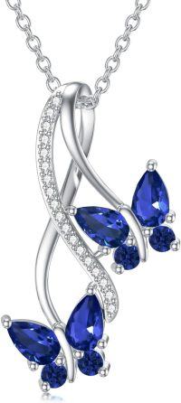 wholesale 925 Sterling Silver Blue Sapphire & Cubic Zirconia Butterfly Infinity Pendant Necklace-Created Sapphire