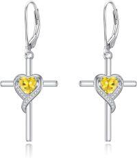 wholesale TOUPOP Citrine Cross Earrings For Women Sterling Silver November Birthstone Earrings Heart Cross Drop Dangle Earrings Jewelry Birthday Anniversary Christmas Gifts For Her Wife Girlfriend Mom -undefined