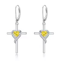TOUPOP Sterling Silver Citrine Earrings Heart Cross Drop Dangle Jewelry-undefined