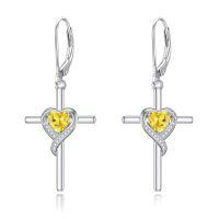 TOUPOP Sterling Silver Citrine Earrings Heart Cross Drop Dangle Jewelry-undefined