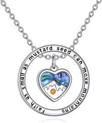 wholesale 925 Sterling Silver Abalone Shell Heart Pendant Necklace with Mountain Charm and Inspirational Message for Women Girls s 47cm Chain Length (Small as mustard seed can move mountains)-Heart