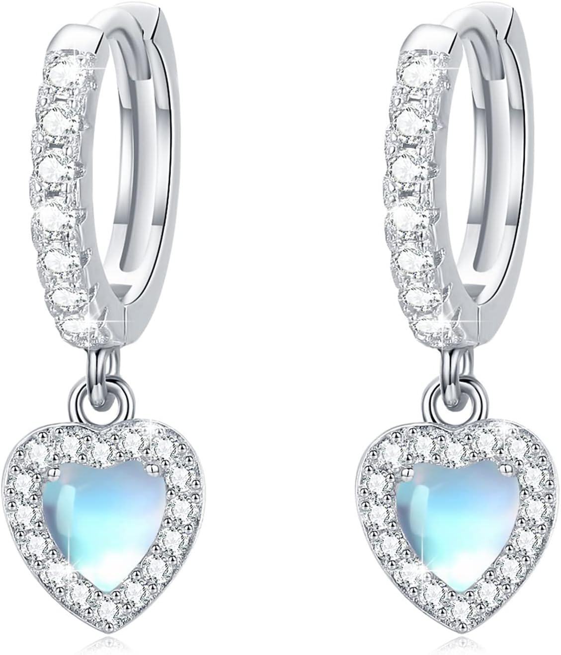 925 Sterling Silver Heart-Shaped Moonstone & Cubic Zirconia Huggie Hoops with Blue Stone Drops for Women Girls  4cm Long-0-0