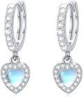 wholesale 925 Sterling Silver Heart-Shaped Moonstone & Cubic Zirconia Huggie Hoops with Blue Stone Drops for Women Girls  4cm Long-0-0