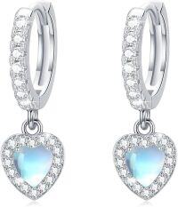 wholesale 925 Sterling Silver Heart-Shaped Moonstone & Cubic Zirconia Huggie Hoops with Blue Stone Drops for Women Girls  4cm Long-01-Moonstone Heart CZ