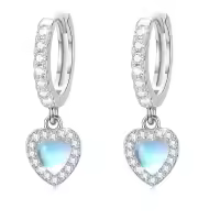wholesale 925 Sterling Silver Heart-Shaped Moonstone & Cubic Zirconia Huggie Hoops with Blue Stone Drops for Women Girls  4cm Long-01-Moonstone Heart CZ