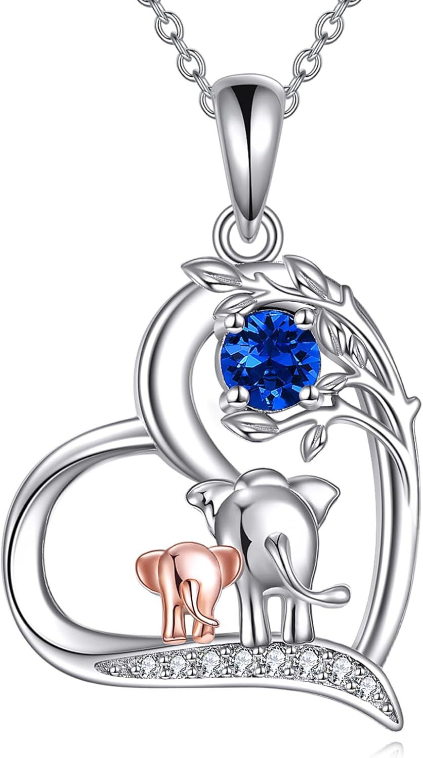  Sterling Silver Birthstone Elephant Pendant Necklace Cute Animal Jewelry Gift for Women Mom Wife -09-September-Sapphire