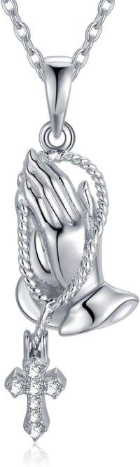 wholesale 925 Sterling Silver Praying Hands with Crystal Cross Pendant Chain Necklaces s for Women and Girls 45cm Length-White