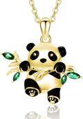 wholesale 925 Sterling Silver Gold Plated Panda Bear Pendant Necklace with Green Crystal Accents for Women Animal s-0-0