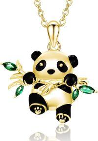wholesale 925 Sterling Silver Gold Plated Panda Bear Pendant Necklace with Green Crystal Accents for Women Animal s-Gold