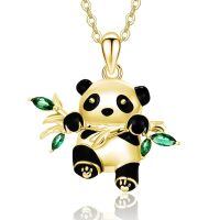 wholesale 925 Sterling Silver Gold Plated Panda Bear Pendant Necklace with Green Crystal Accents for Women Animal s-Gold