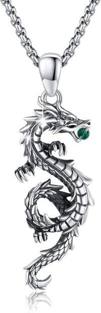 wholesale 925 Sterling Silver Dragon Pendant Necklace with Green Stone for Men Women Valentines Day Gifts-Malachite