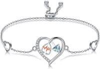 wholesale 925 Sterling Silver & 5A Zircon Heart Stethoscope Birthstone Bracelet - Adjustable Chain-March Blue