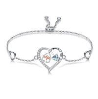 wholesale 925 Sterling Silver & 5A Zircon Heart Stethoscope Birthstone Bracelet - Adjustable Chain-March Blue