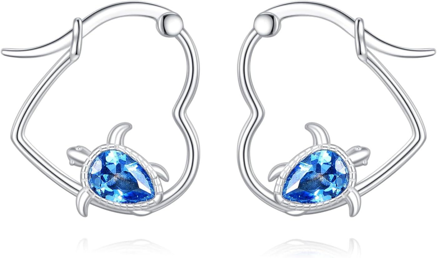 Sterling Silver Heart Hoop Animal Earrings Gifts for Women-Turtle