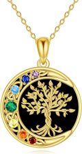 wholesale 925 Sterling Silver Plated Gold Tree of Life Round Pendant with Seven Chakra Stones and Chain for Women-0-0