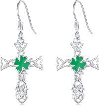 wholesale 925 Sterling Silver Celtic Cross with Green Enamel Shamrock Drop Earrings Irish Jewelry-A-Four Leaf Clover&Cross