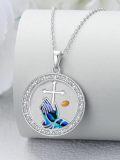 wholesale 925 Sterling Silver Praying Hands Cross Pendant with Abalone Shell and Mustard Seed Christian Faith Jewelry for Women-0-1