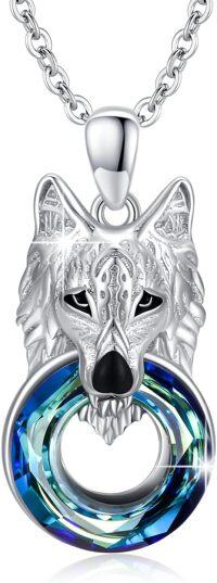 wholesale 925 Sterling Silver Wolf Head Blue Austrian Crystal Circle Pendant Necklace for Women and Men-Wolf