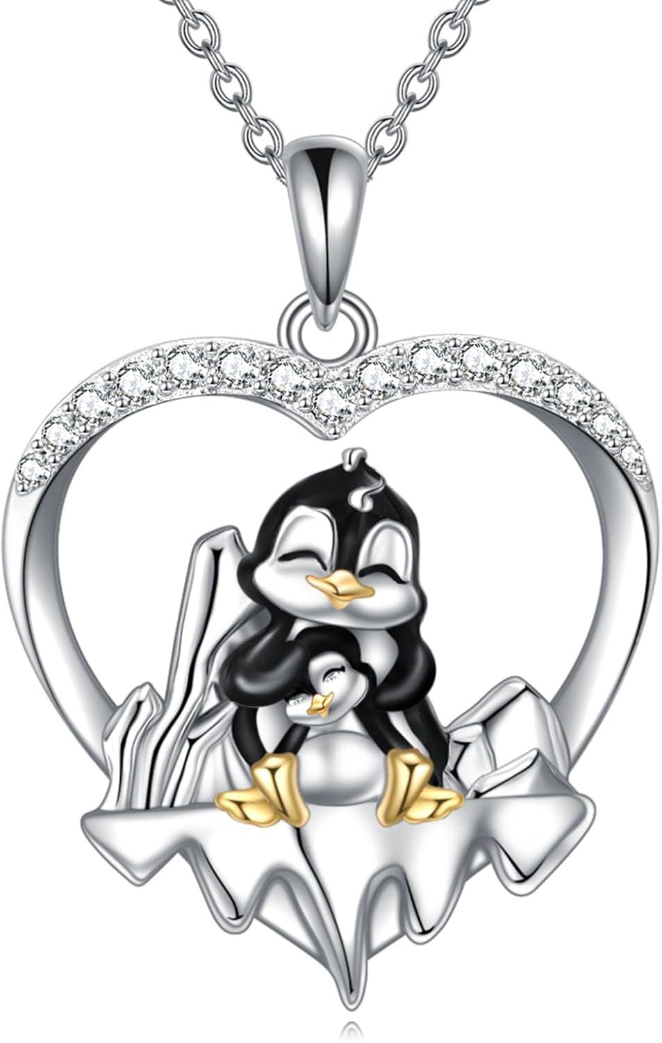 Sterling Silver Snowflake Penguin Heart Pendant Necklace for Women-0-0