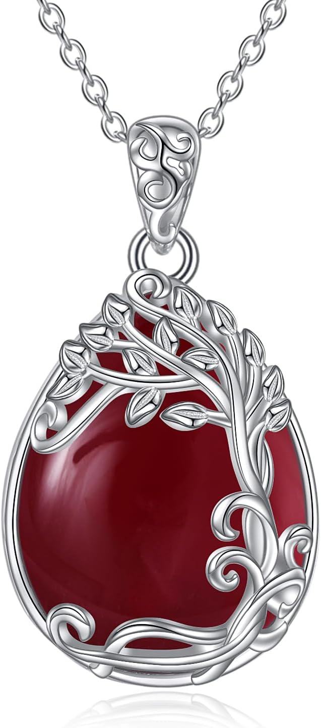 Sterling Silver Moonstone Filigree Teardrop Pendant Necklace for Women-KK-Tree of Life Red Agate Necklace