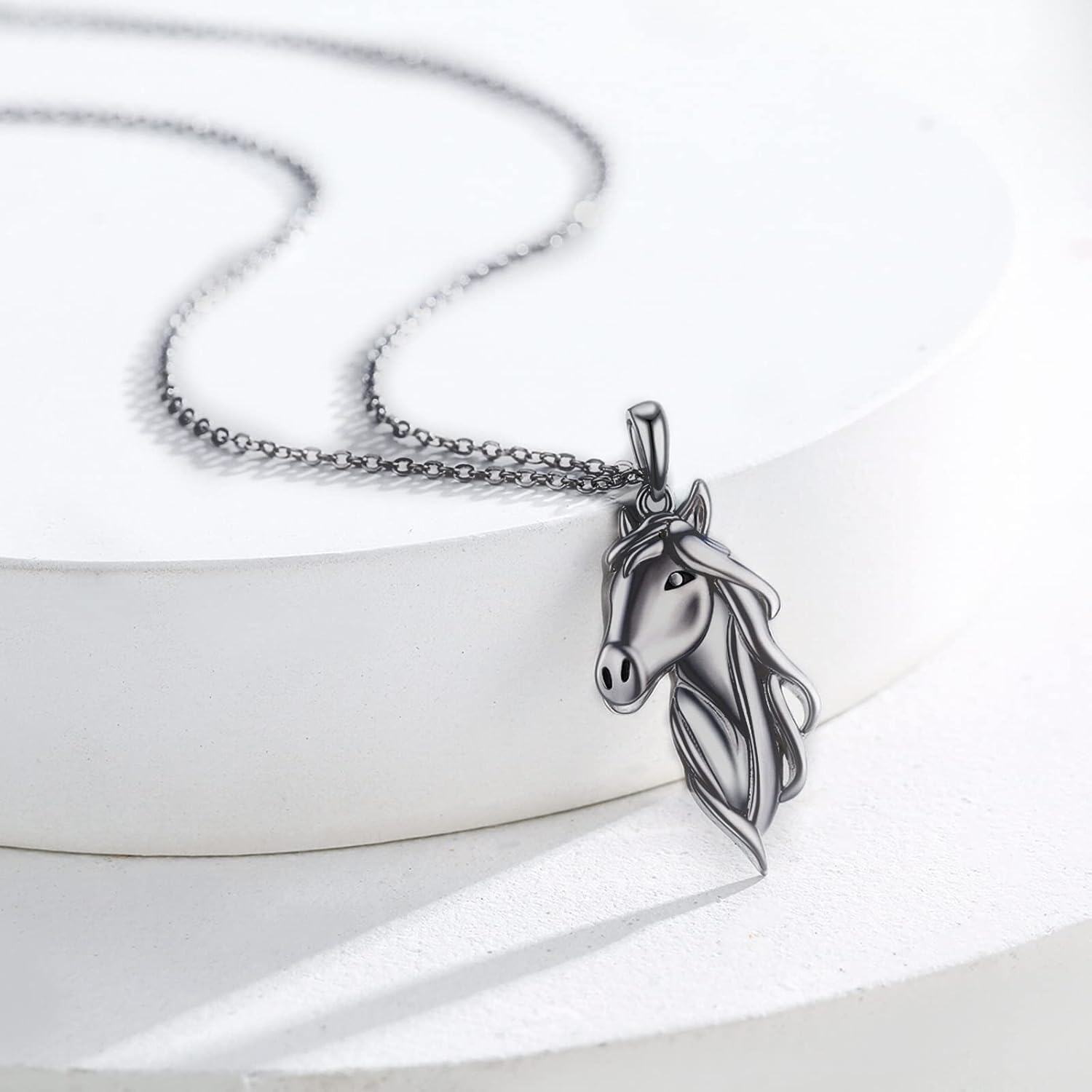 925 Sterling Silver Black Plated Horse Head with Clear CZ Stone Pendant Necklace for Women and Girls-0-1