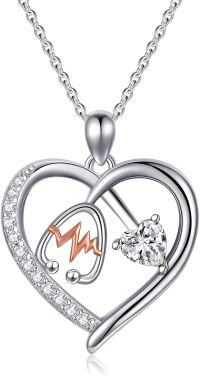 wholesale Sterling Silver Gemstone Heart Stethoscope Pendant Necklace for Women-A4:April-Clean