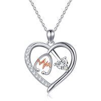 wholesale 925 Sterling Silver Gemstone Heart Stethoscope Pendant Necklace for Women-A4:April-Clean