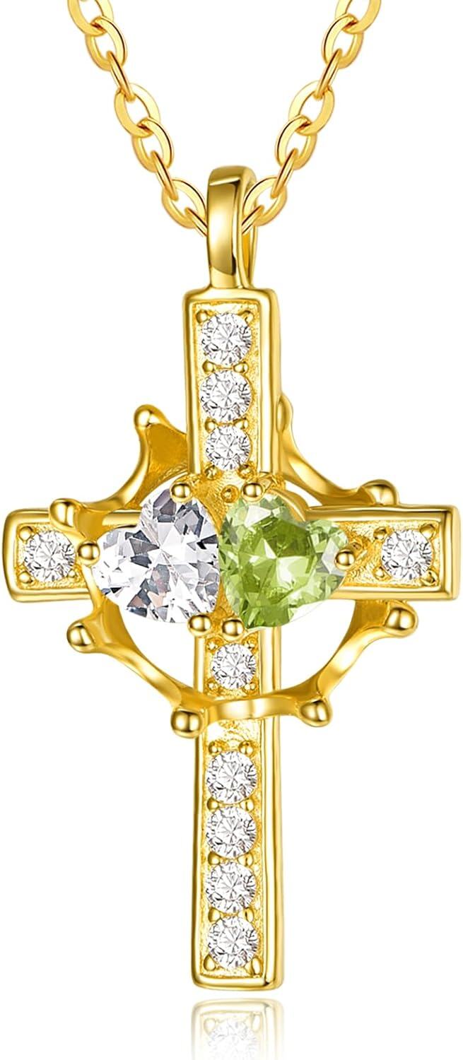Sterling Silver Birthstones Gold Cross Necklace for Women -04-08-Apr-Aug-04-08-Apr-Aug