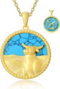 wholesale 18K Gold Plated Sterling Silver Synthetic Blue Turquoise Zodiac Necklace for Women-4-Taurus(0420-0520)