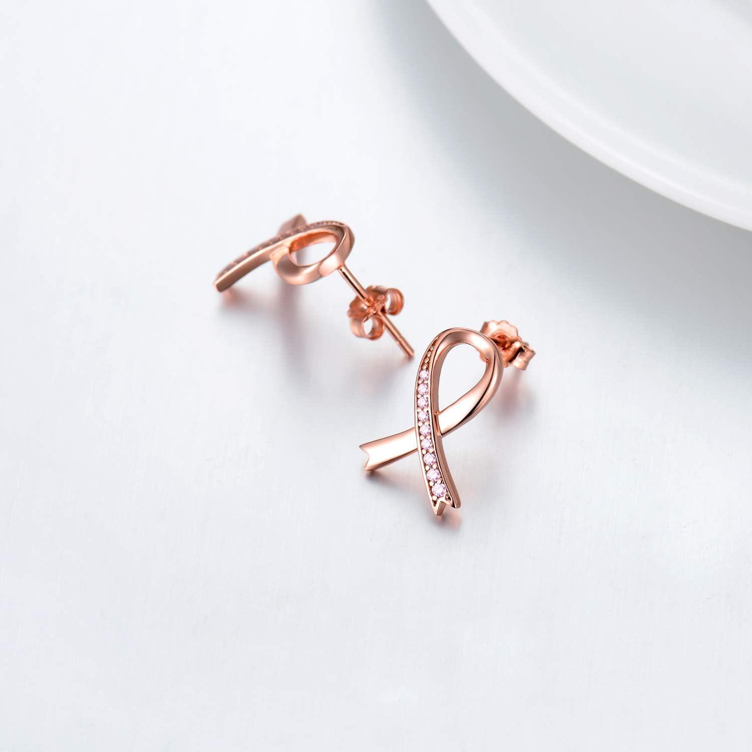 Sterling Silver Pink Stone Breast Cancer Awareness Ribbon Earrings for Survivors-0-5