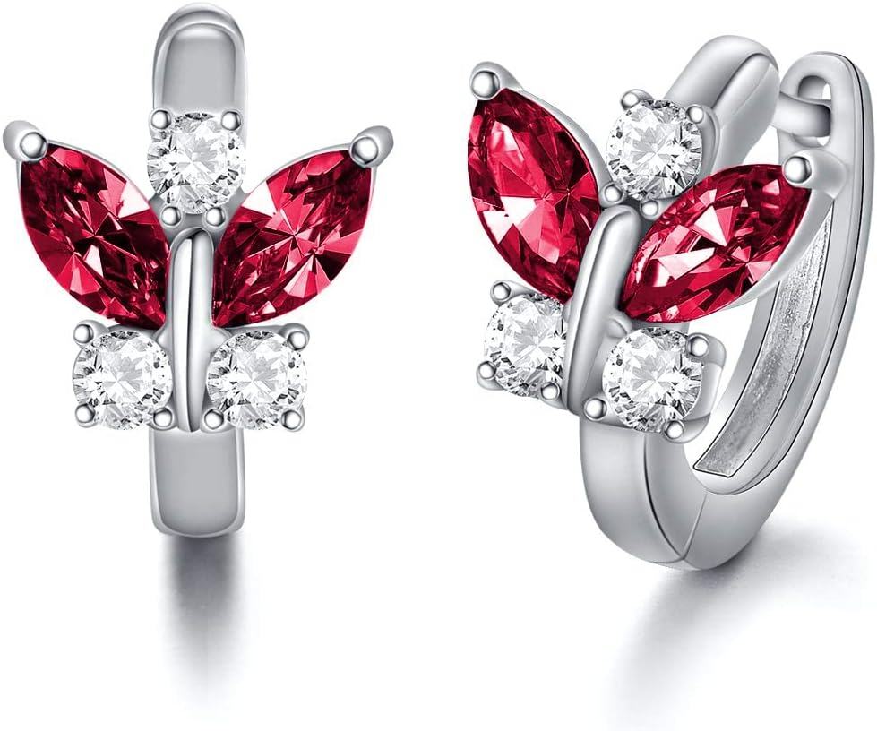 Sterling Silver Austrian Simulated Aquamarine Butterfly Hoop Earrings Hypoallergenic Gift for Women-RED
