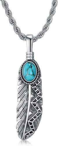 wholesale 925 Sterling Silver with Turquoise and Black Onyx Feather Design Pendant Necklace for Men & Women-Turquoise