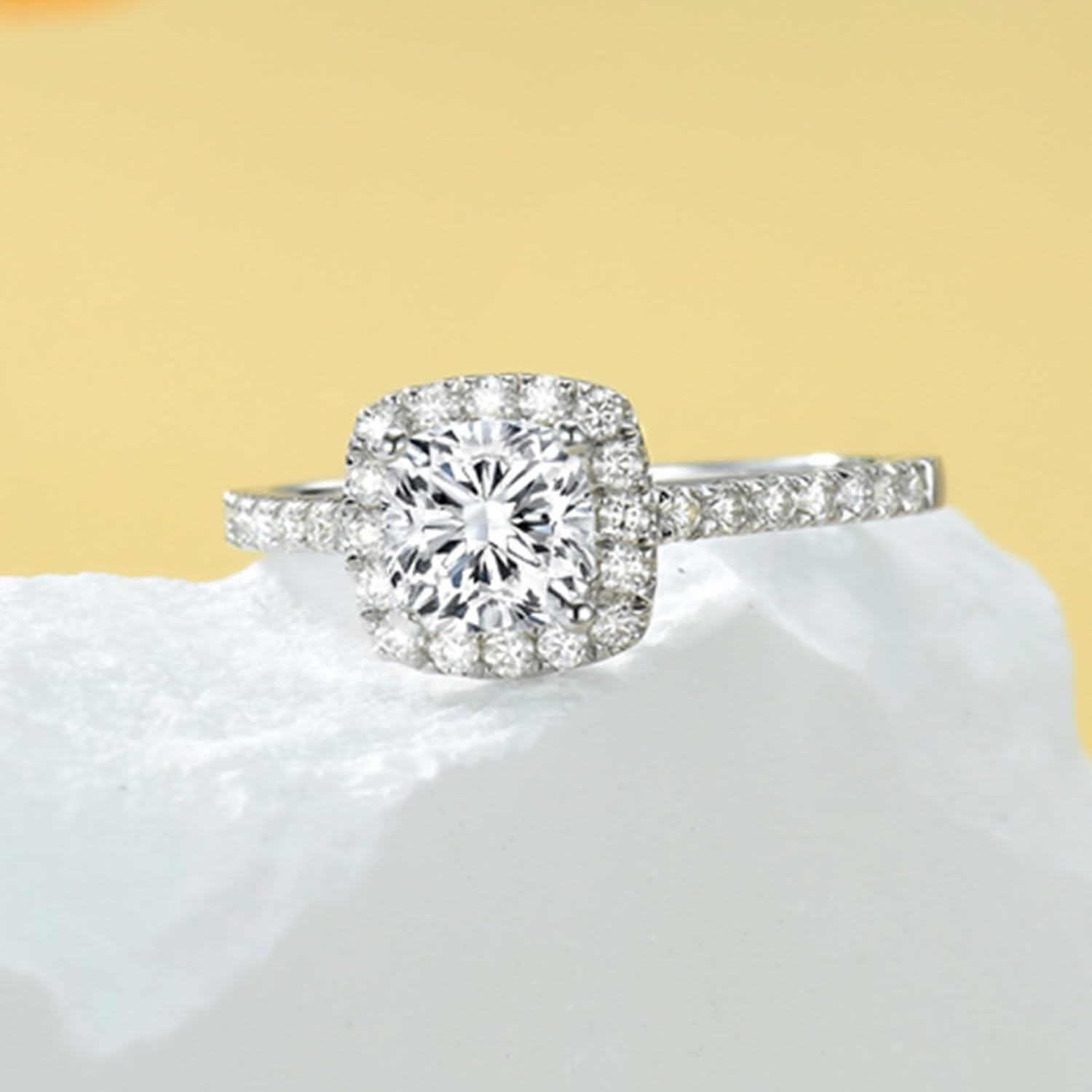White Gold Moissanite Halo Cushion Cut 1ct Engagement Anniversary Rings-0-3