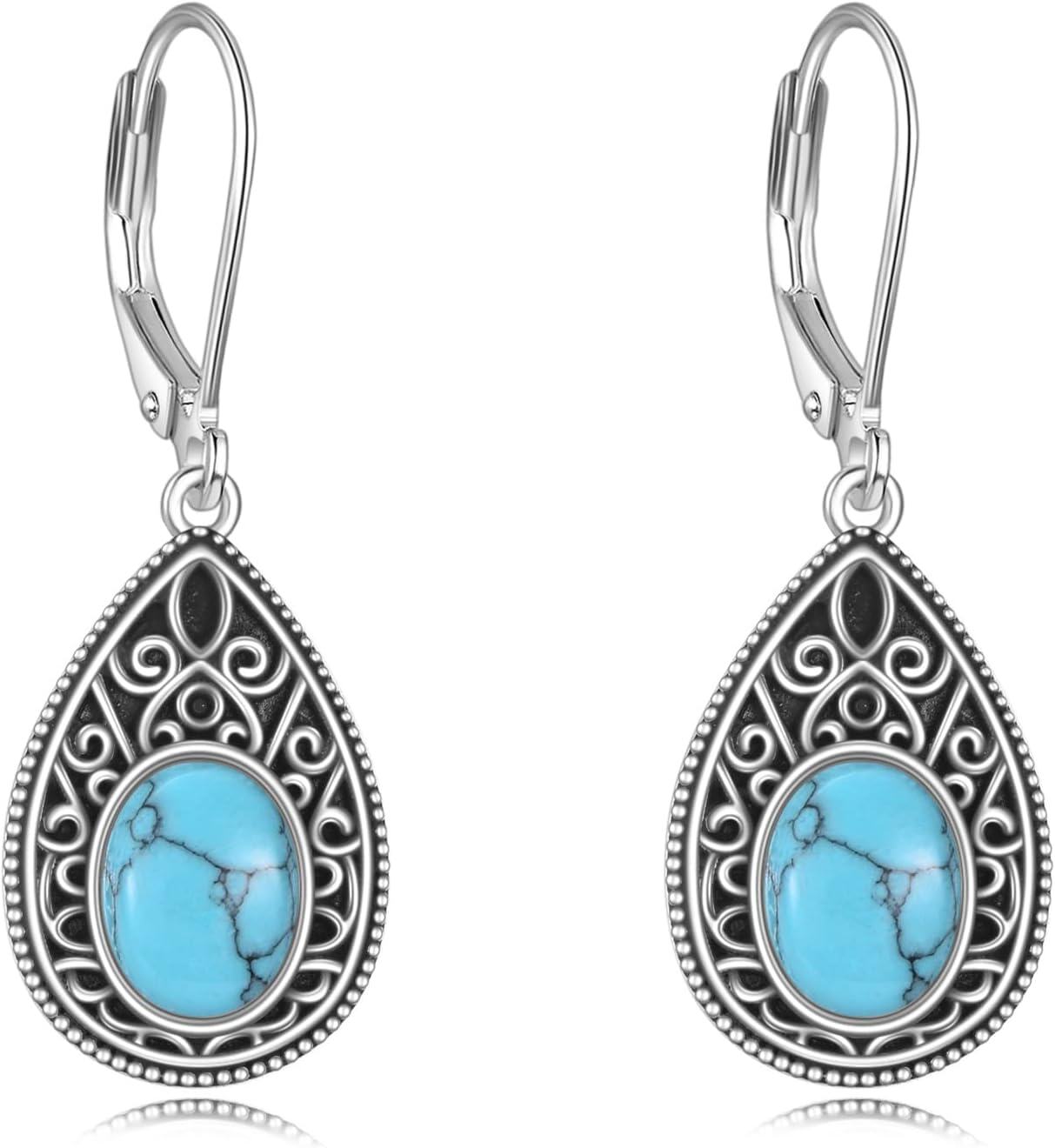 Sterling Silver Lapis Turquoise Onyx Agate Dangle Drop Leverback Earrings Western Boho Vintage Jewelry-0-1