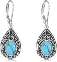 wholesale 925 Sterling Silver Teardrop Turquoise & Black Onyx Dangle Earrings - Western Bohemian Style-Turquoise