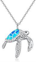 wholesale 925 Sterling Silver Blue Opal Sea Turtle Pendant Necklace with CZ Accents and Extender Chain (14+3)-0-0