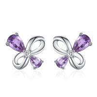 wholesale 925 Sterling Silver Butterfly Purple Amethyst Cz Stud Earrings Platinum Plated-Purple2