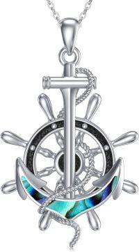 wholesale 925 Sterling Silver Nautical Ship Wheel Pendant Necklace with Abalone Shell and Rope Accents for Women's Gifts-Anchor