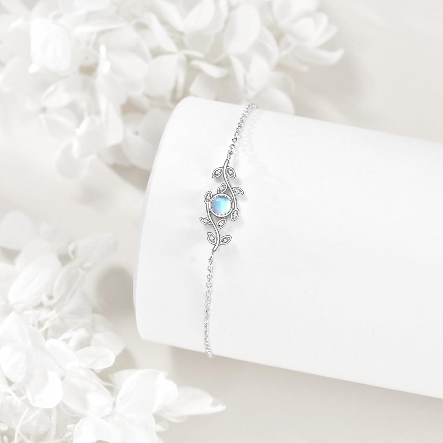 wholesale 925 Sterling Silver Moonstone Butterfly & Leaves Charm Bracelet for Women-0-3